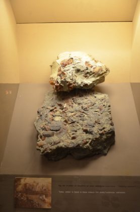 A raw amber rock on display