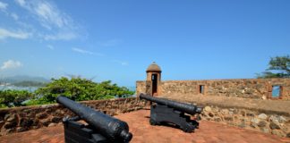 cannons flank the upper terrace at Fort San Felipe Puerto Plata.