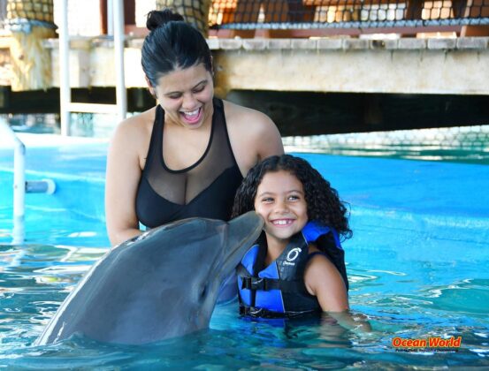 mom and daughter with dolphin