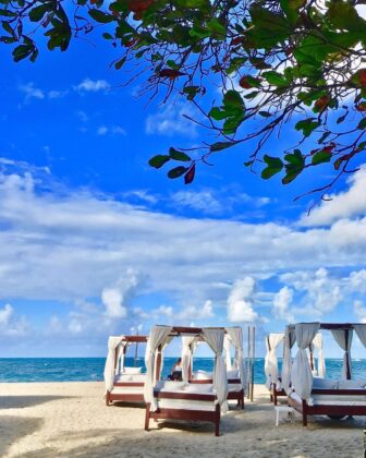 Blue vistas of the beach and canopy beds