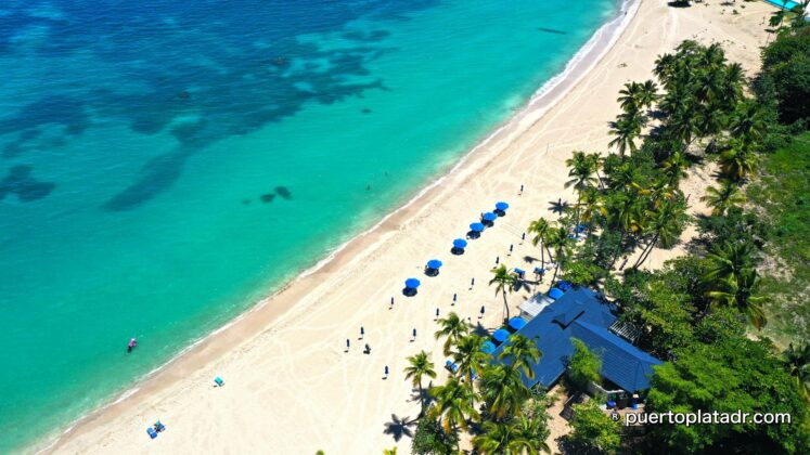 Aerial view of Playa Dorada beach and loungers